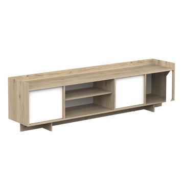 Mueble TV bajo en madera clara con puertas correderas blancas y estantes abiertos centrales