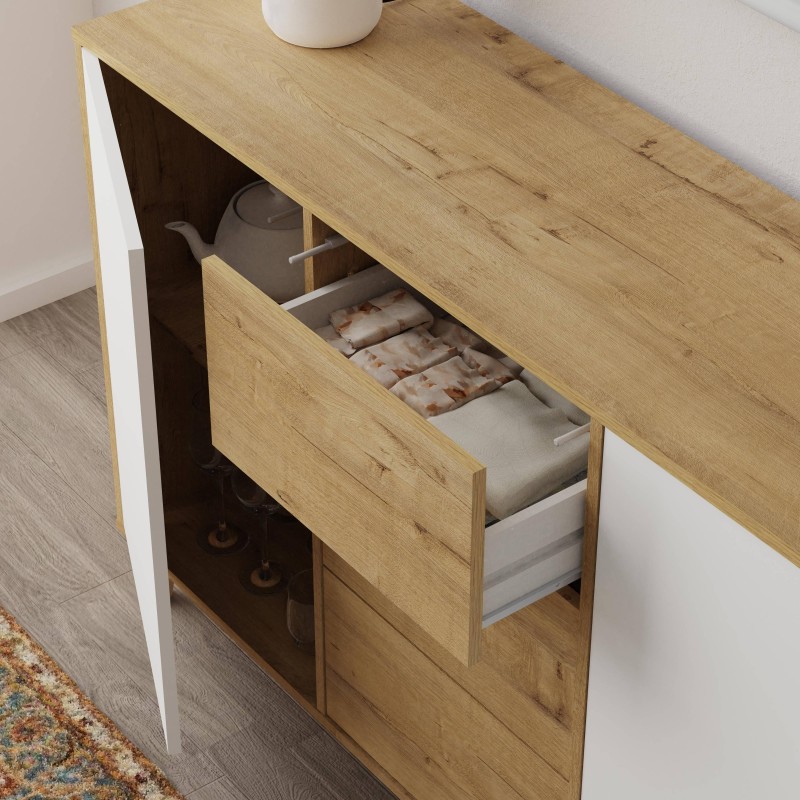 Mueble aparador en madera clara con puerta y cajones abiertos mostrando almacenamiento interior y detalles funcionales