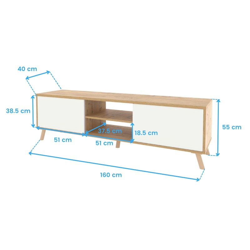 Mueble TV madera natural y blanco con puertas y estantes abiertos vista técnica con medidas