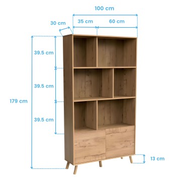 Estantería de madera con 6 compartimentos abiertos y 2 cajones inferiores y patas de madera natural