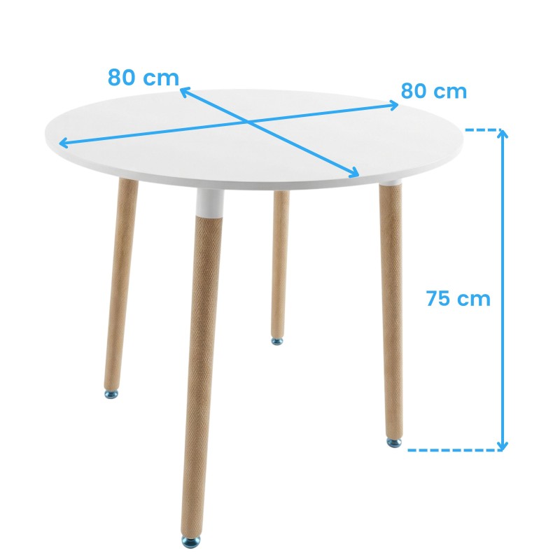 Mesa redonda blanca con tablero liso y patas de madera natural con detalles metálicos