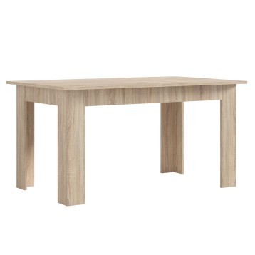 Mesa de comedor rectangular en madera clara con patas robustas y diseño minimalista