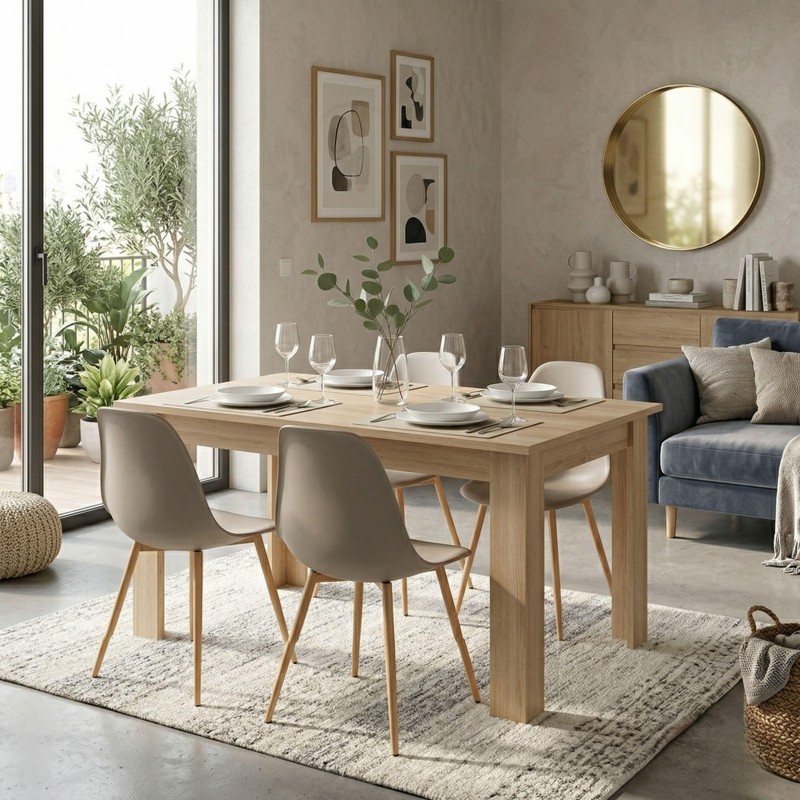 Comedor moderno con mesa rectangular en madera clara y sillas beige con patas de madera en ambiente luminoso
