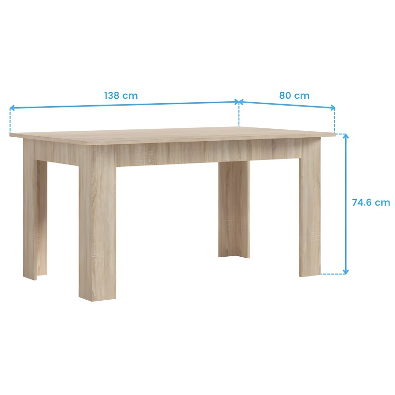 Mesa de comedor rectangular en madera clara con patas macizas y tablero liso vista frontal