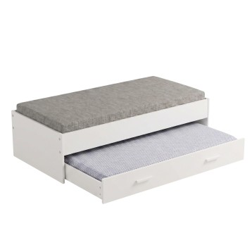 Cama nido blanca con colchón gris superior y colchón azul en cama inferior extraíble