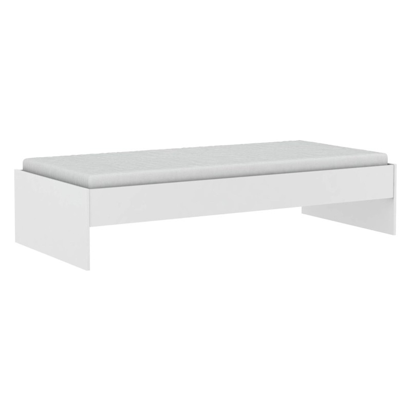 Cama individual blanca con estructura de madera y colchón gris claro vista lateral