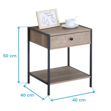 Mesita de noche madera clara y estructura metal negro con cajón y estante inferior