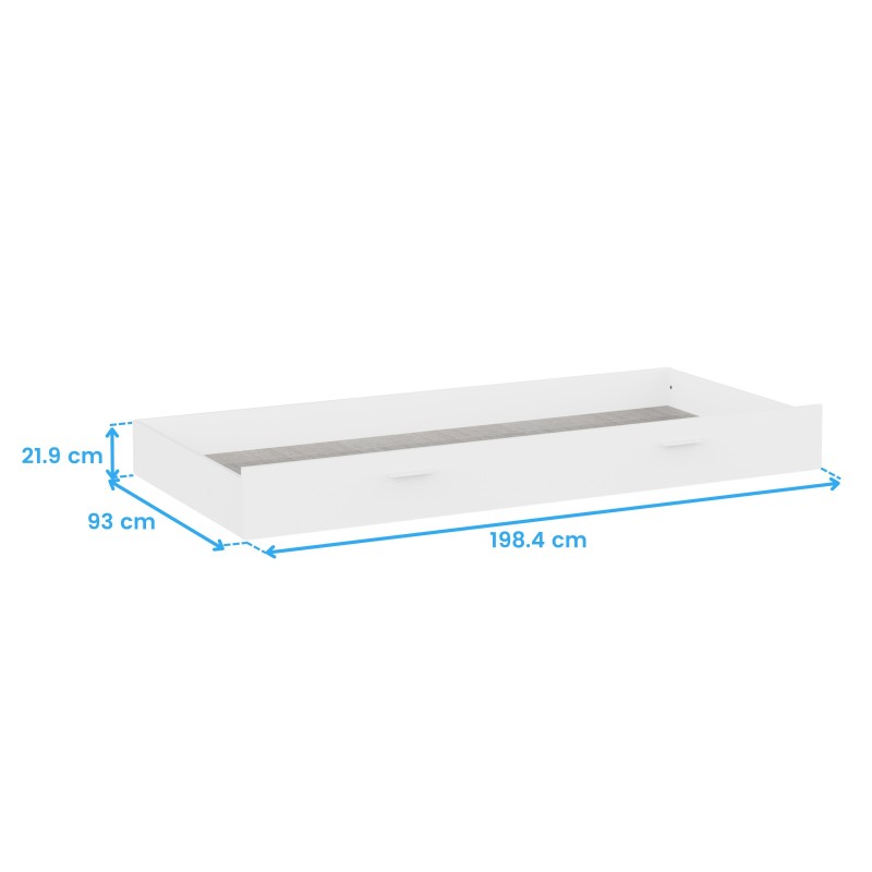Cama nido blanca con estructura rectangular y cajones inferiores vista en perspectiva