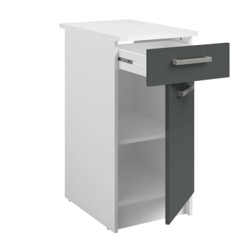 Mueble bajo cocina blanco y gris antracita con cajón y puerta abiertos mostrando estantes internos