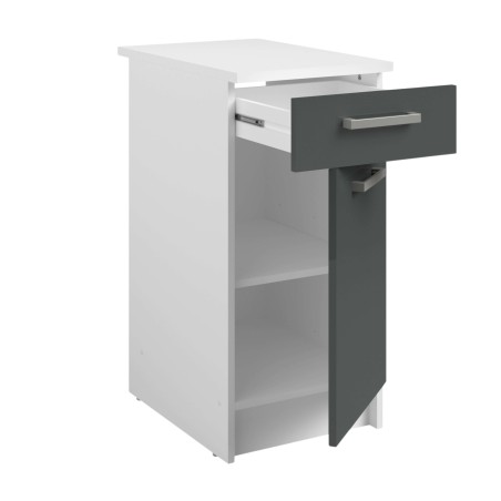 Mueble bajo cocina blanco y gris antracita con cajón abierto y estantes internos