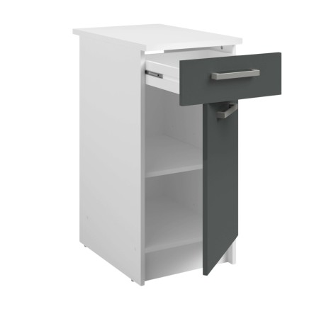 Mueble bajo cocina blanco y gris antracita con cajón abierto y estantes internos