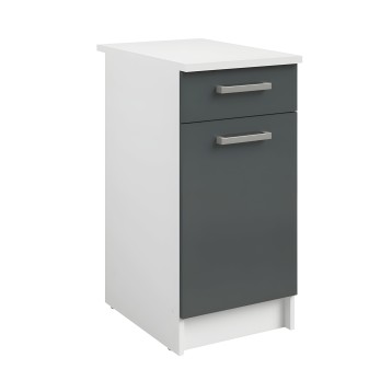 Mueble base de cocina blanco y gris antracita con encimera blanca y dos cajones metalizados