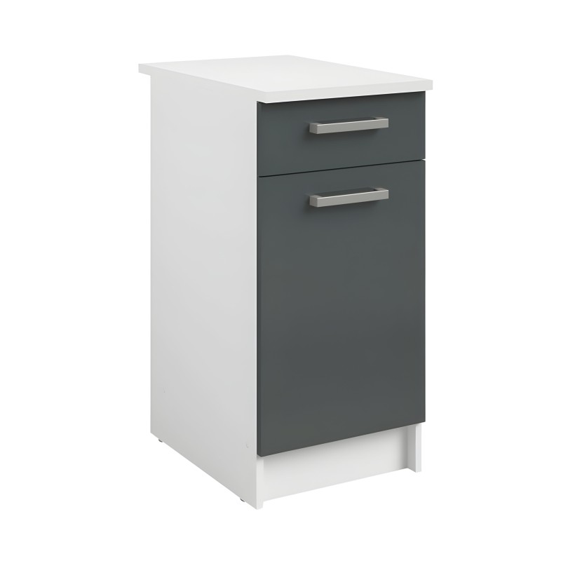 Mueble base de cocina blanco y gris antracita con encimera blanca y dos cajones metalizados
