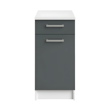 Mueble bajo de cocina con frente gris oscuro y encimera blanca. Dos cajones con tiradores metálicos y puerta abatible inferior.