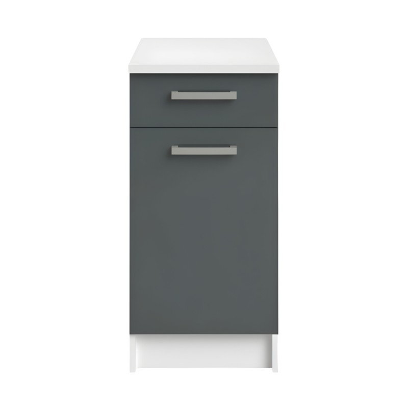 Mueble bajo de cocina con frente gris oscuro y encimera blanca. Dos cajones con tiradores metálicos y puerta abatible inferior.