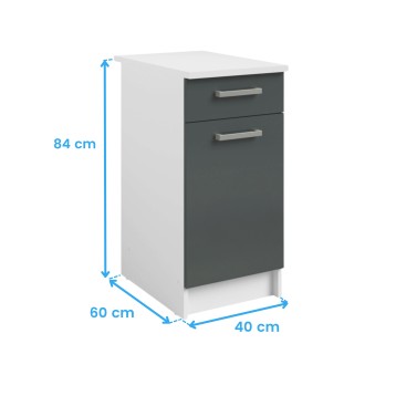 Mueble bajo cocina blanco y gris antracita con encimera blanca y dos cajones con tirador metálico
