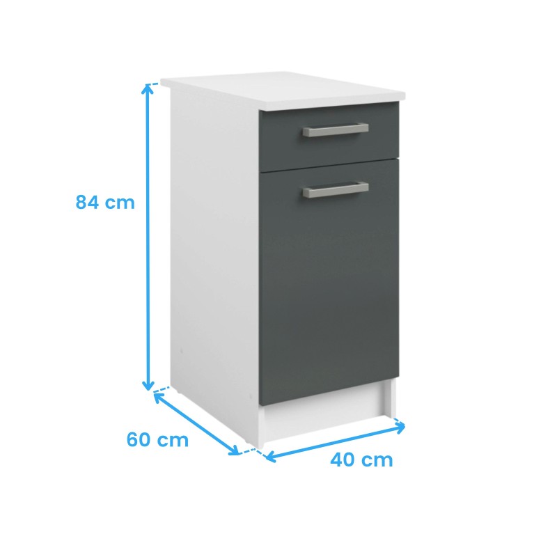 Mueble bajo cocina blanco y gris antracita con encimera blanca y dos cajones con tirador metálico