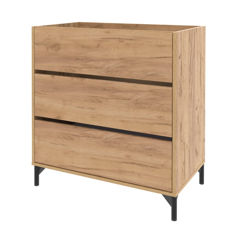 Mueble de baño de madera clara con tres cajones y tiradores negros sobre patas metálicas