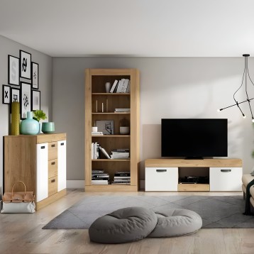 Mueble de salón modular con estantería madera y blanca con compartimentos abiertos y cerrados para televisor y almacenamiento