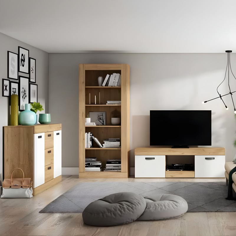 Mueble de salón modular con estantería madera y blanca con compartimentos abiertos y cerrados para televisor y almacenamiento