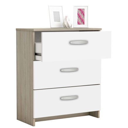 Cómoda con tres cajones blancos y lateral en madera clara con encimera y estante superior decorativo