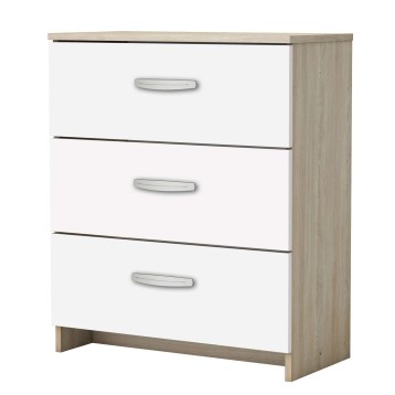 Cómoda de tres cajones blanca y madera natural con tiradores plateados y perfiles negros