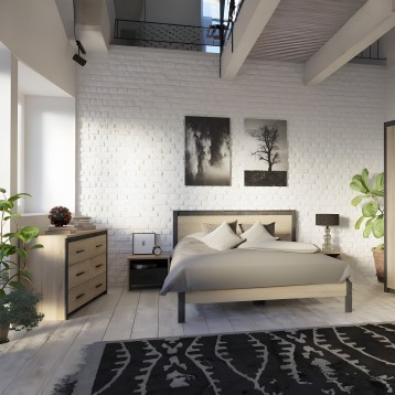 Cama de madera natural y estructura negra con cabecero tapizado en dormitorio industrial de pared blanca y vigas de hormigón