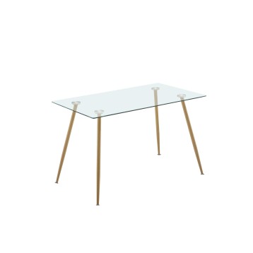 Mesa rectangular con sobretop de cristal transparente y estructura de patas de madera natural inclinadas