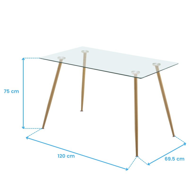 Mesa de comedor rectangular con tablero de cristal y patas de madera natural inclinadas