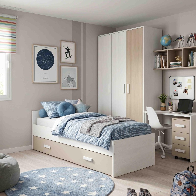 Cama infantil blanca con cajón de almacenamiento y cabecero acolchado en dormitorio moderno