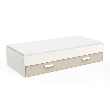 Cama nido individual blanca y beige con colchón y cajón inferior extraíble