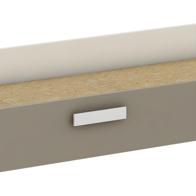 Detalle de cajón de mueble con frente gris y tirador blanco rectangular y tablero superior en madera clara