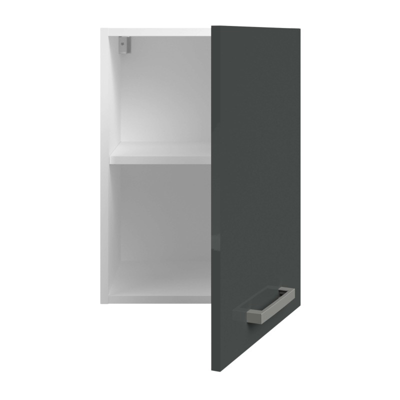 Mueble auxiliar de almacenamiento blanco con puerta negra y estantes interiores vista frontal abierta