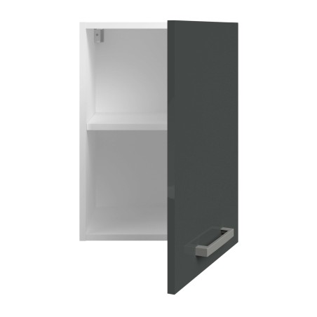 Mueble auxiliar de almacenamiento blanco con puerta negra y estantes interiores vista frontal abierta