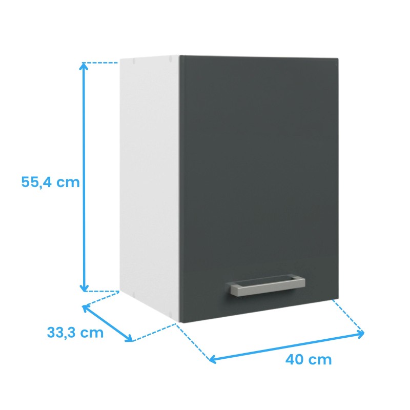 Mueble superior de cocina puerta abatible frente gris oscuro y lateral blanco con tirador metálico