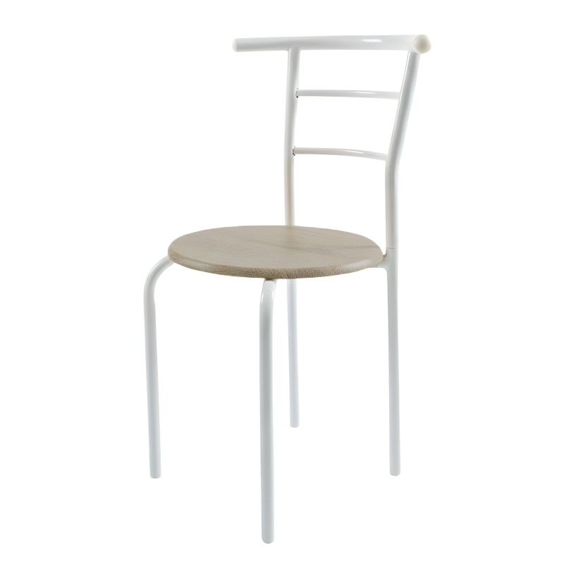 Silla de metal blanco con asiento redondo de madera natural y respaldo de barras horizontales