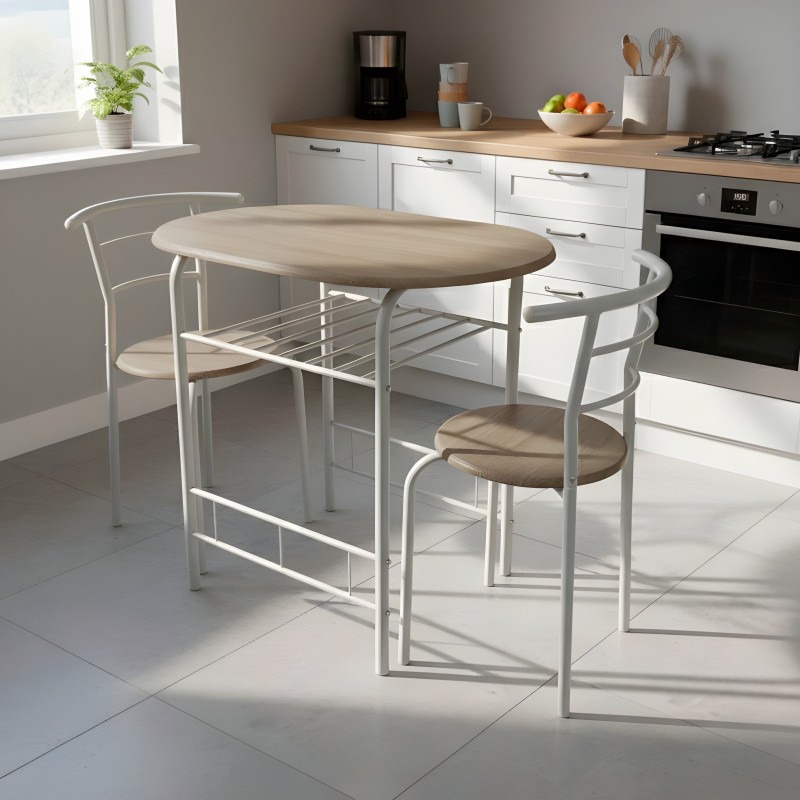 Conjunto de comedor con mesa ovalada en madera y estructura metálica blanca con dos sillas a juego en cocina moderna