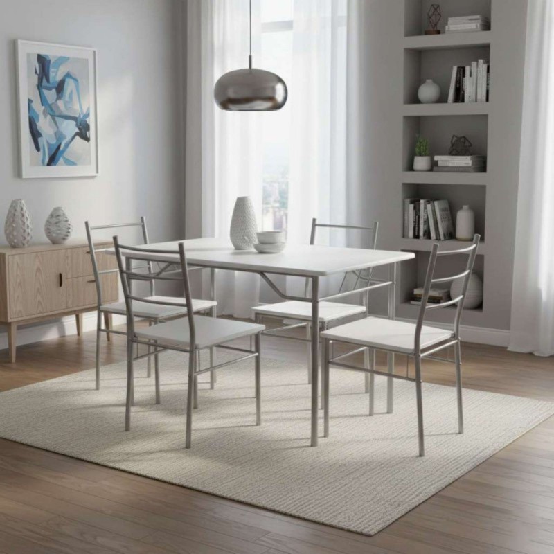 Conjunto de comedor con mesa blanca y cuatro sillas metálicas en ambiente luminoso