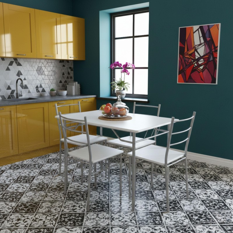 Conjunto de comedor con mesa rectangular blanca y cuatro sillas de estructura metálica plateada en ambiente de cocina moderna