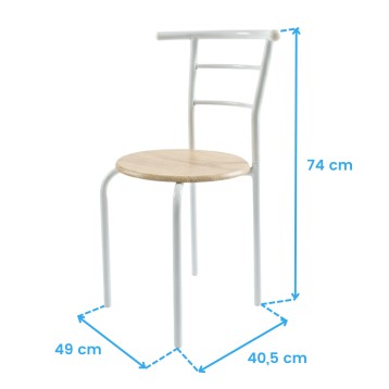 Silla con estructura metálica blanca y asiento redondo de madera natural con respaldo de travesaños horizontales