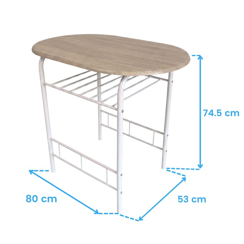 Mesa auxiliar ovalada con tablero en madera clara y estructura metálica blanca con estantes inferiores