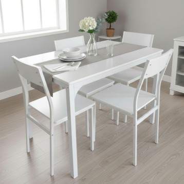 Conjunto de comedor con mesa rectangular blanca y gris y sillas blancas en ambiente moderno