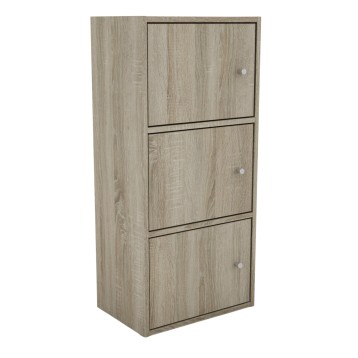 Armario modular de madera clara con tres puertas y tiradores plateados