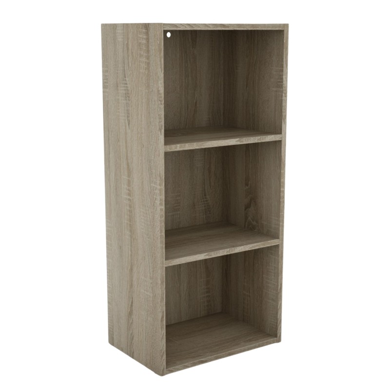 Estantería modular de madera con tres compartimentos abiertos y acabado en tonos grises naturales
