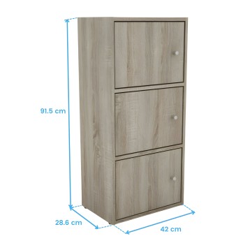 Mueble organizador de madera clara con tres puertas abatibles y tiradores metálicos vista frontal y lateral