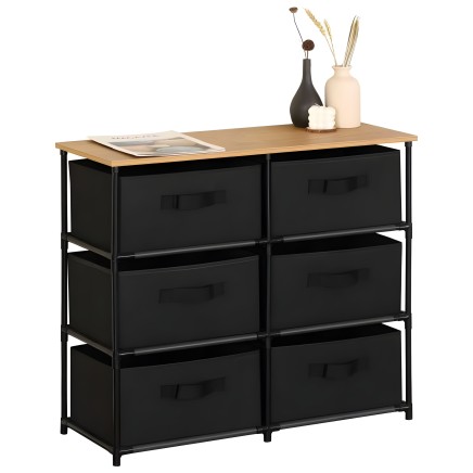 Cajonera de madera natural y metal negro con seis cajones textiles y superficie superior decorada
