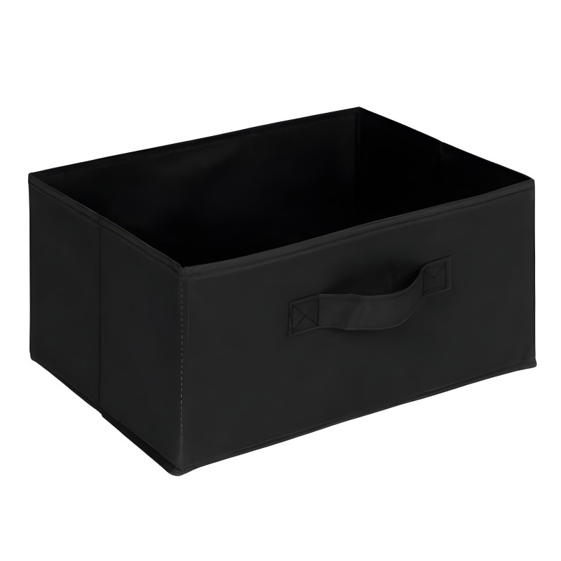 Caja de almacenamiento negra con asas laterales y interior vacío vista en perspectiva frontal