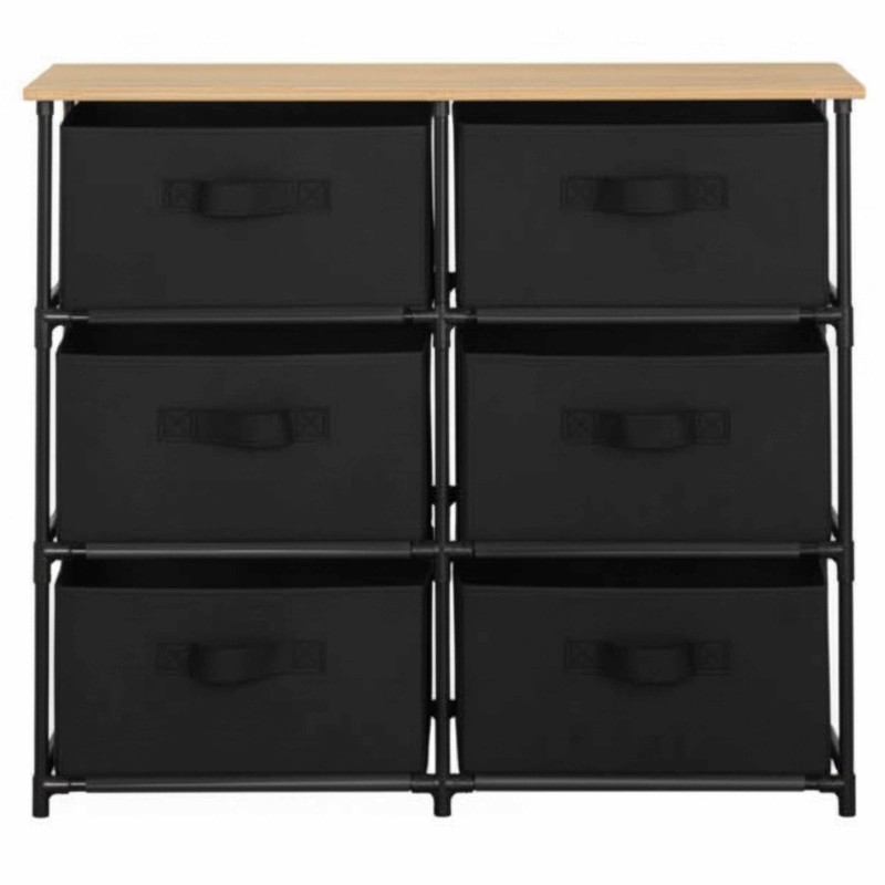 Mueble organizador con seis cajones negros y estructura metálica negra con tablero superior en madera natural