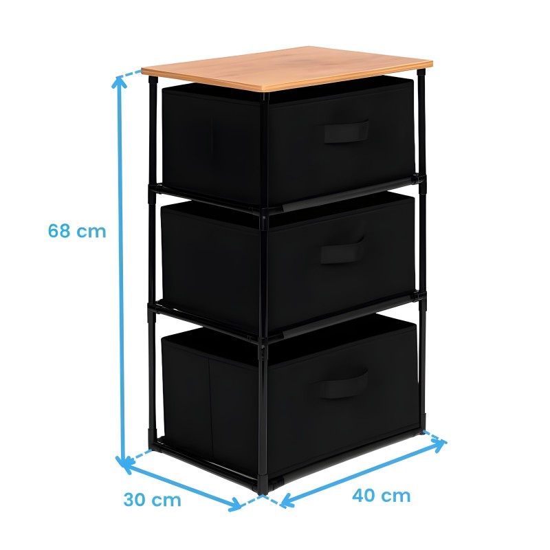 Cajonera con estructura metálica negra y tablero superior en madera clara con tres cajones negros