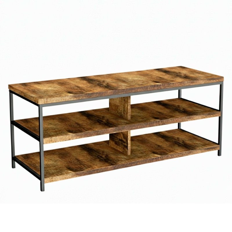 Mueble TV tres estantes madera roble efecto envejecido y estructura metal gris oscuro